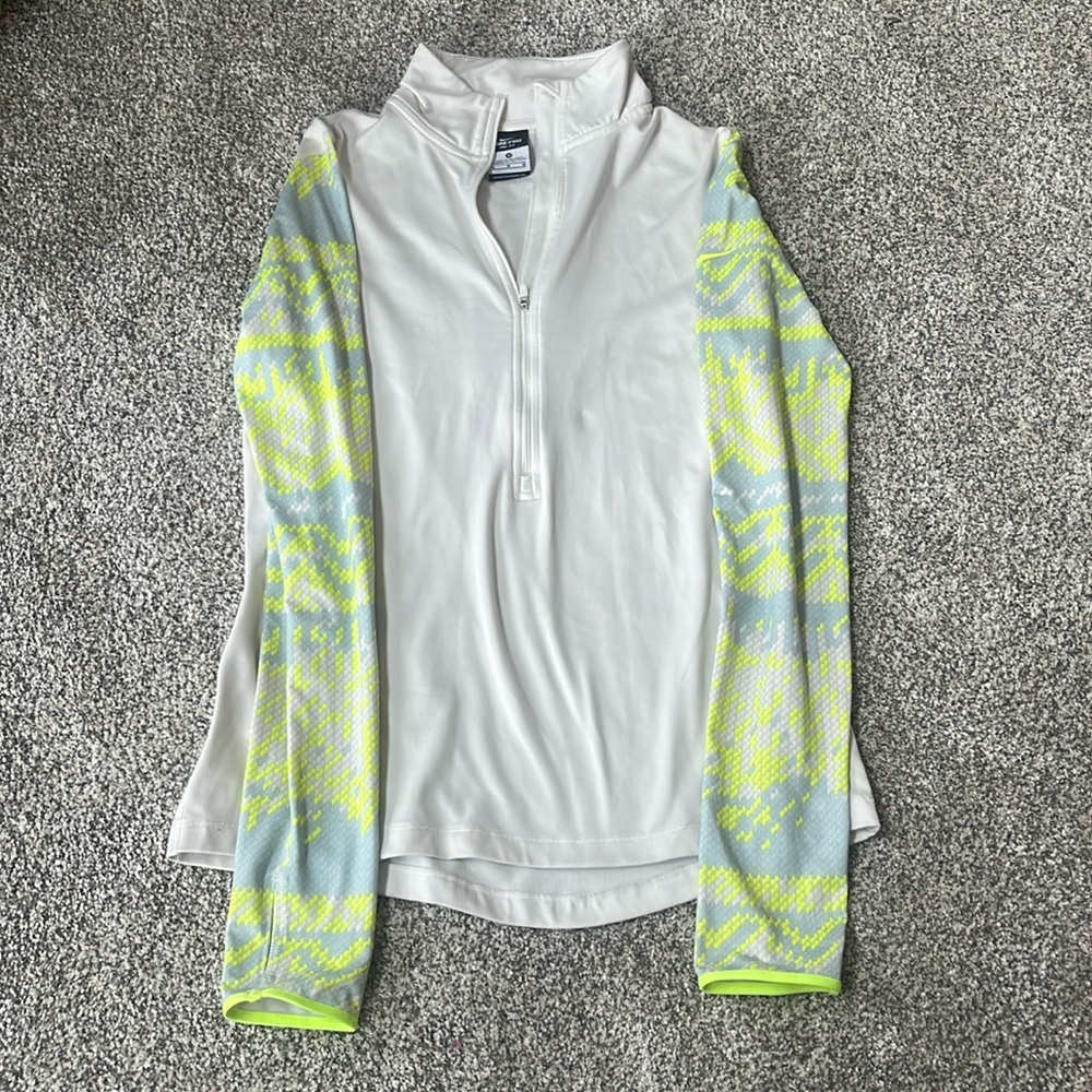 Nike White Quarter-Zip Top with Neon Yellow & Light Blue Patterned Sleeves